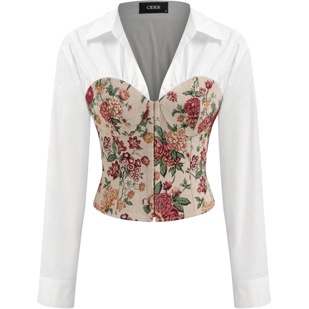imageCIDER 100 Cotton VNeck Collar Floral Patched Corset Long Sleeve BlouseWhite