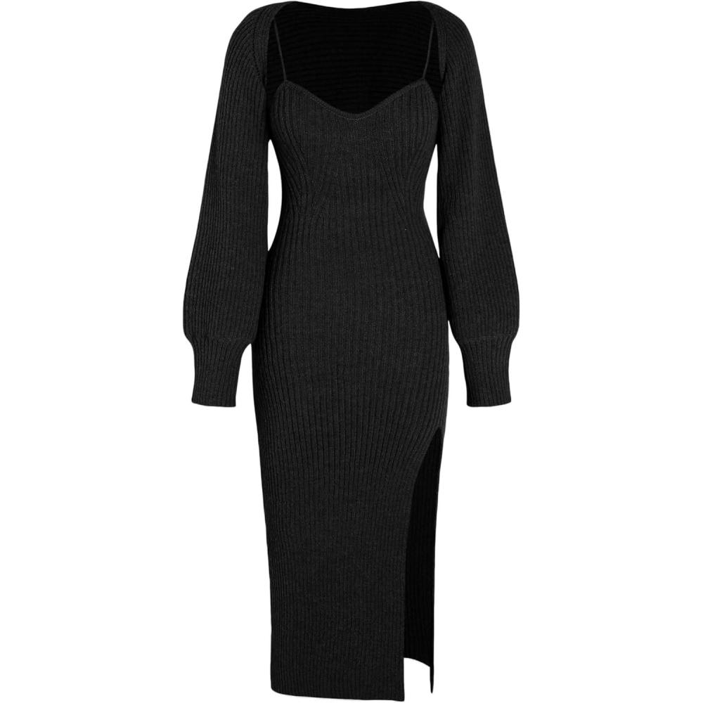 imageCIDER 2 Piece Sweater Dresses for Women Winter Slit Long Sleeve Womens Midi Dress Pullover Bodycon Wedding Guest OutfitsBlack