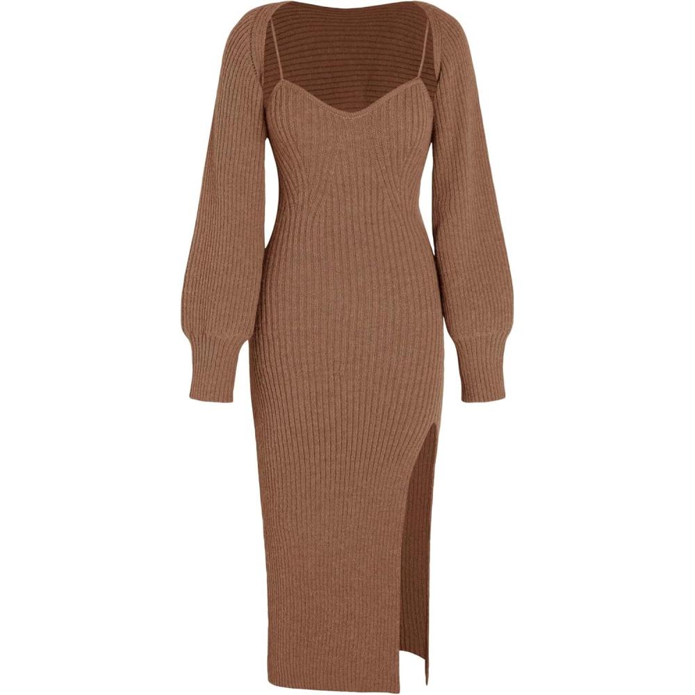 imageCIDER 2 Piece Sweater Dresses for Women Winter Slit Long Sleeve Womens Midi Dress Pullover Bodycon Wedding Guest OutfitsCoffee