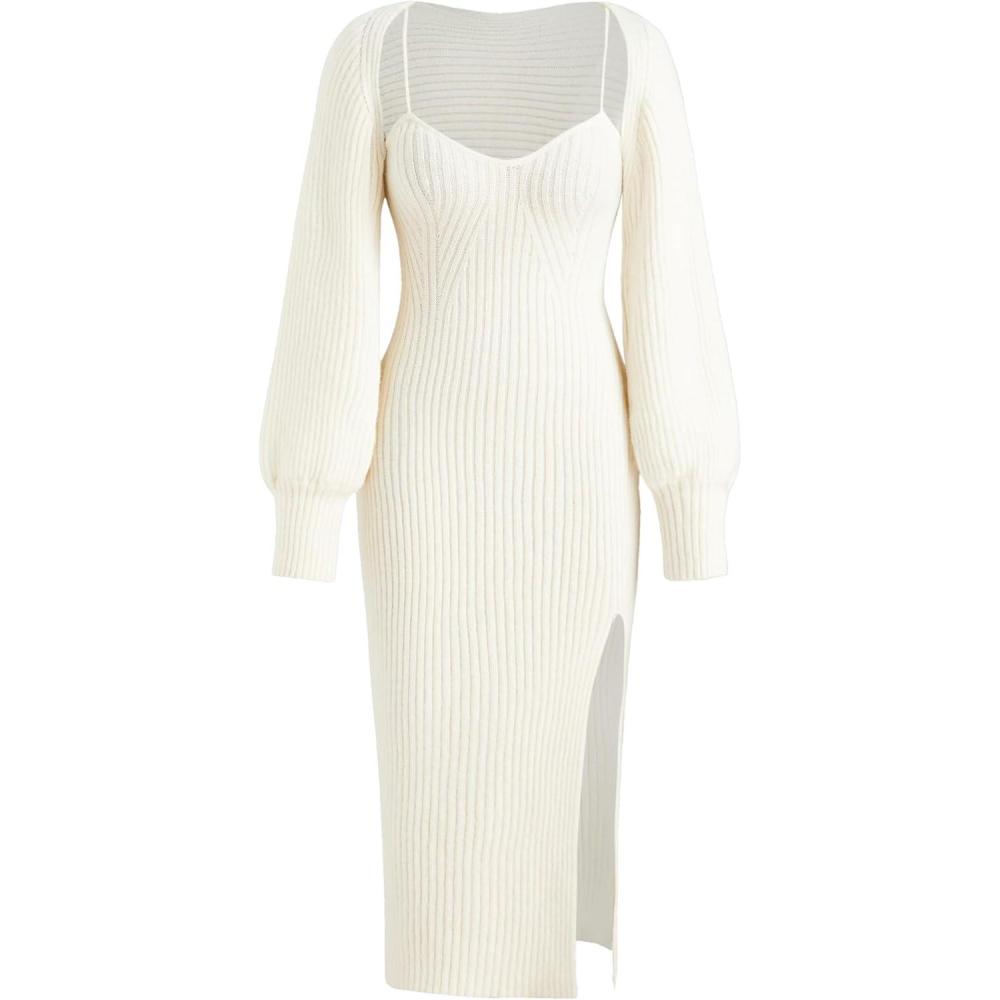 imageCIDER 2 Piece Sweater Dresses for Women Winter Slit Long Sleeve Womens Midi Dress Pullover Bodycon Wedding Guest OutfitsOffwhite