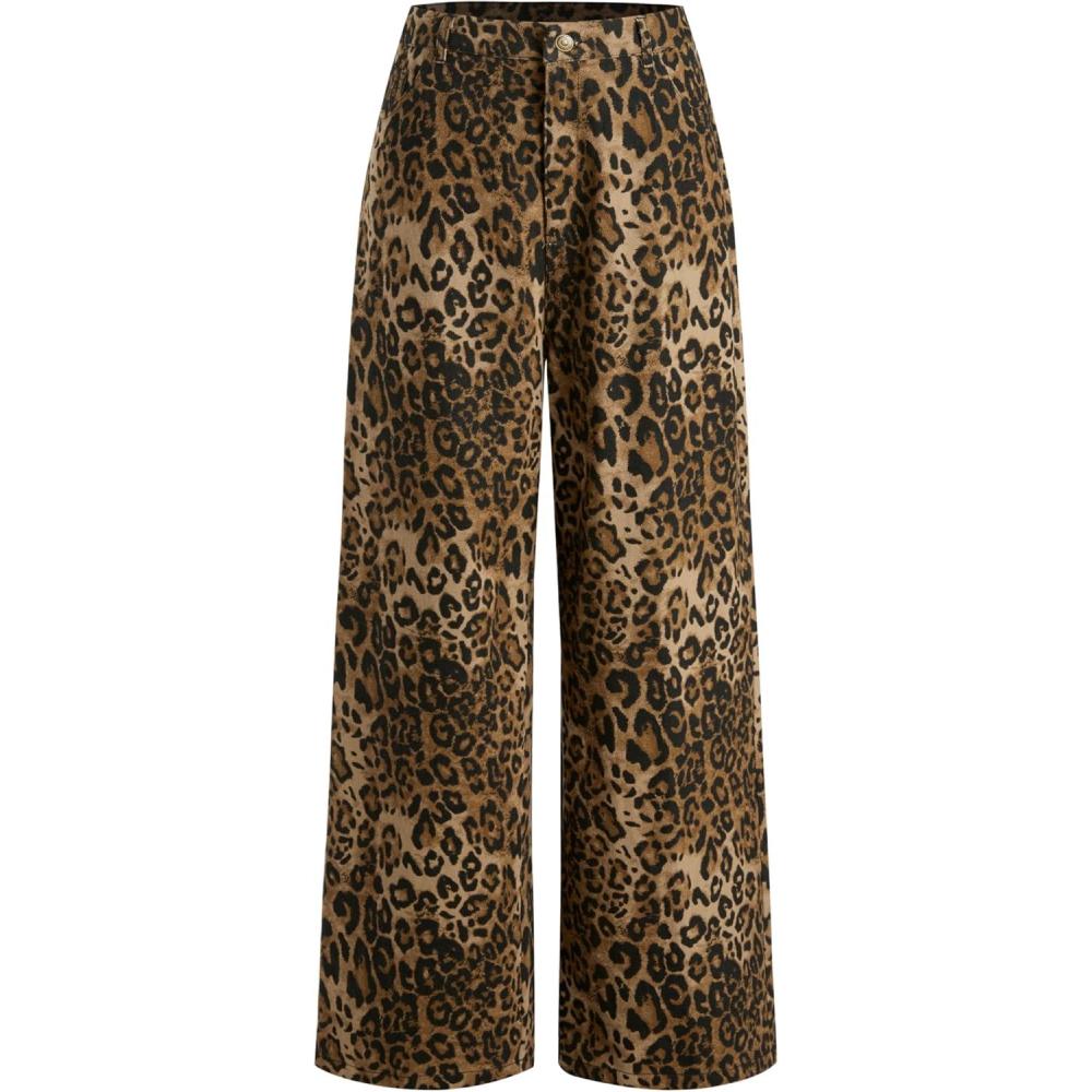 imageCIDER Denim Mid Waist Leopard Wide Leg PantsYellow