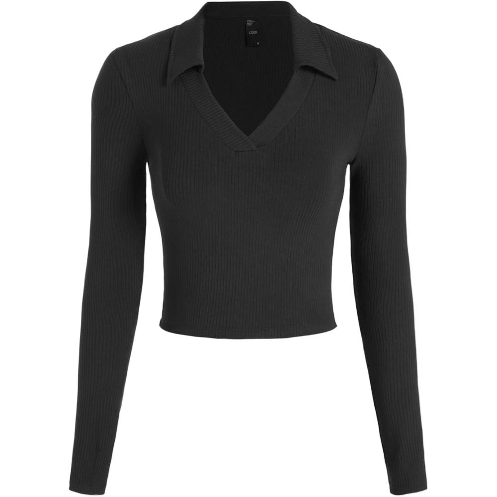 imageCIDER Fitted Long Sleeve Shirts for Women  V Neck Polo Shirts Business Casual Collared Work Tops Fitted Spring Fall ShirtBlack