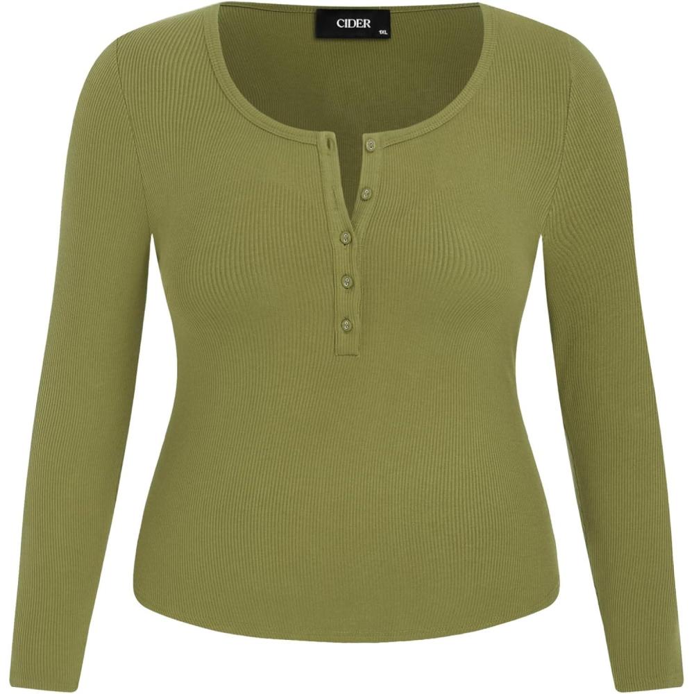 imageCIDER Henley Shirts for Women Long Sleeve Slim Fitted Basic Business Casual Tops for Women Button Ribbed Knit Base LayerGreen Plus Size