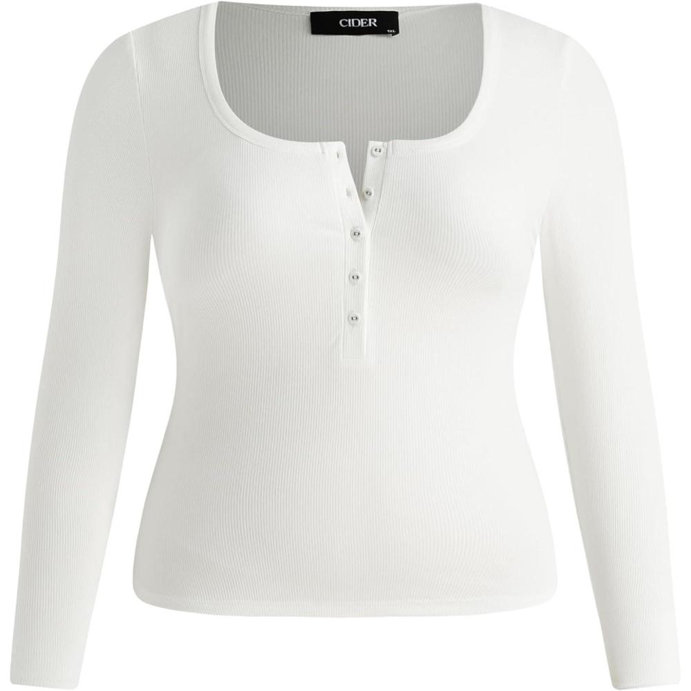 imageCIDER Henley Shirts for Women Long Sleeve Slim Fitted Basic Business Casual Tops for Women Button Ribbed Knit Base LayerWhite Plus Size