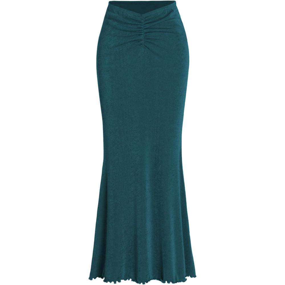 imageCIDER High Waist Skirts for Women Mermaid Skirt Fishtail Ruched Bodycon Long Maxi Skirt Lettuce Trim StretchyBlue