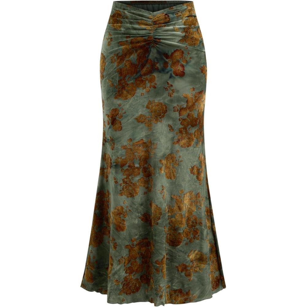 imageCIDER High Waist Skirts for Women Mermaid Skirt Fishtail Ruched Bodycon Long Maxi Skirt Lettuce Trim StretchyFloral Green