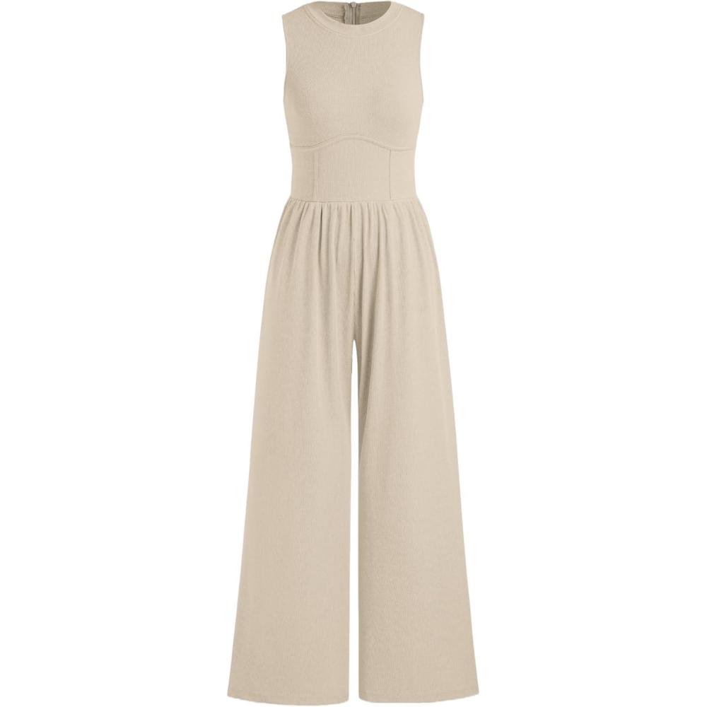 imageCIDER Jumpsuits for Women Sleeveless Wide Leg Overalls Dressy Crewneck One Piece Jumpsuits with Pockets Summer FallBeige