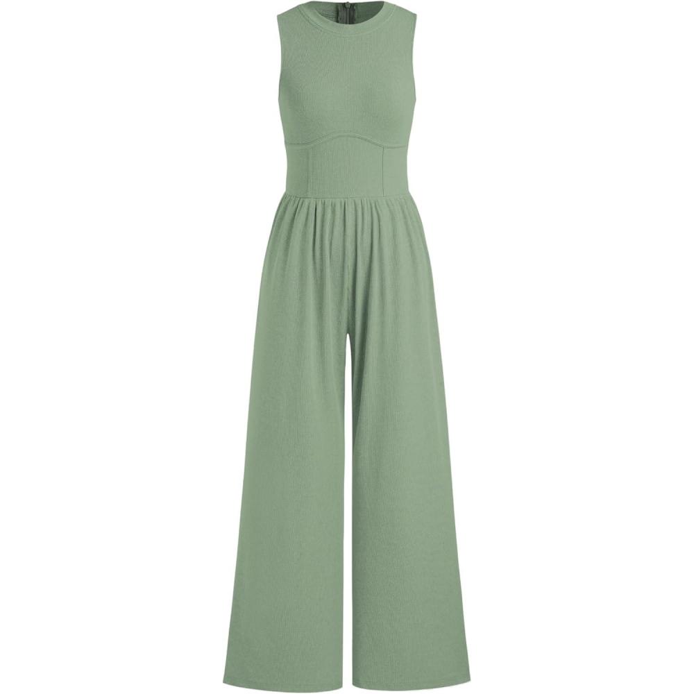 imageCIDER Jumpsuits for Women Sleeveless Wide Leg Overalls Dressy Crewneck One Piece Jumpsuits with Pockets Summer FallLight Green
