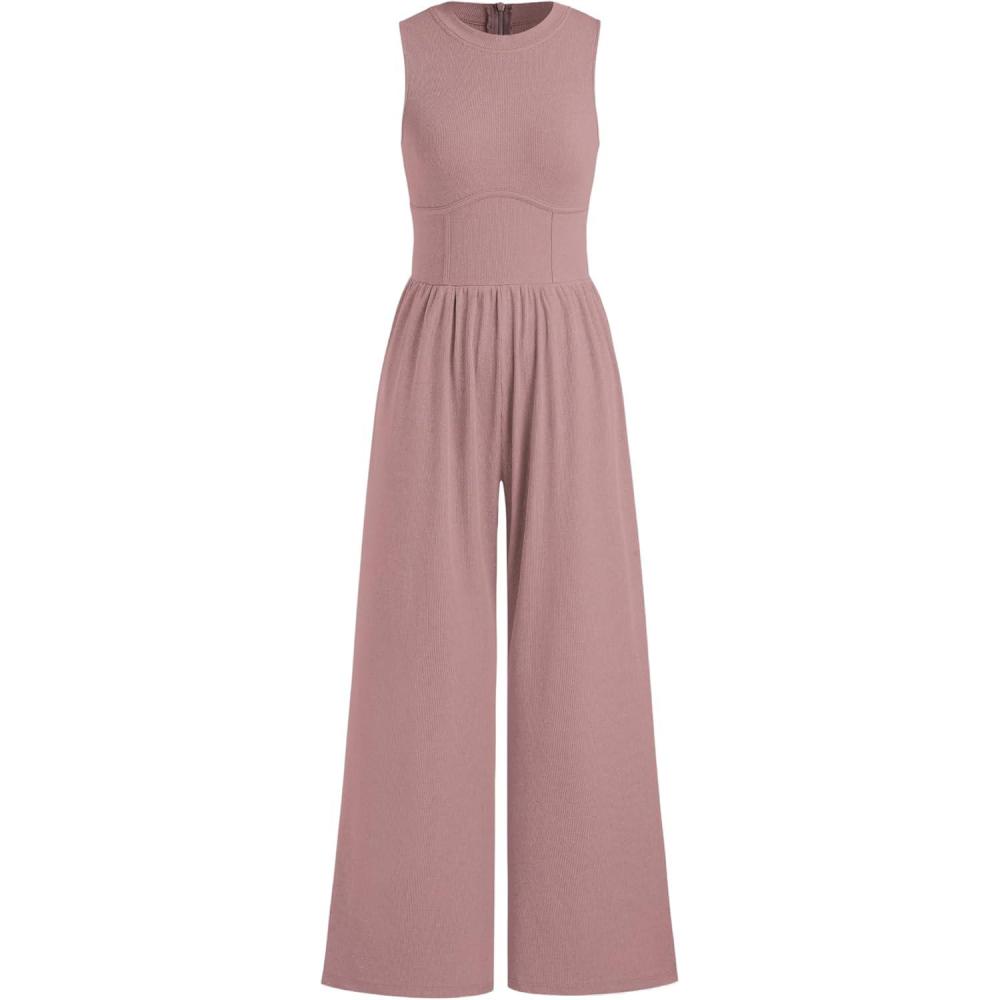 imageCIDER Jumpsuits for Women Sleeveless Wide Leg Overalls Dressy Crewneck One Piece Jumpsuits with Pockets Summer FallPink