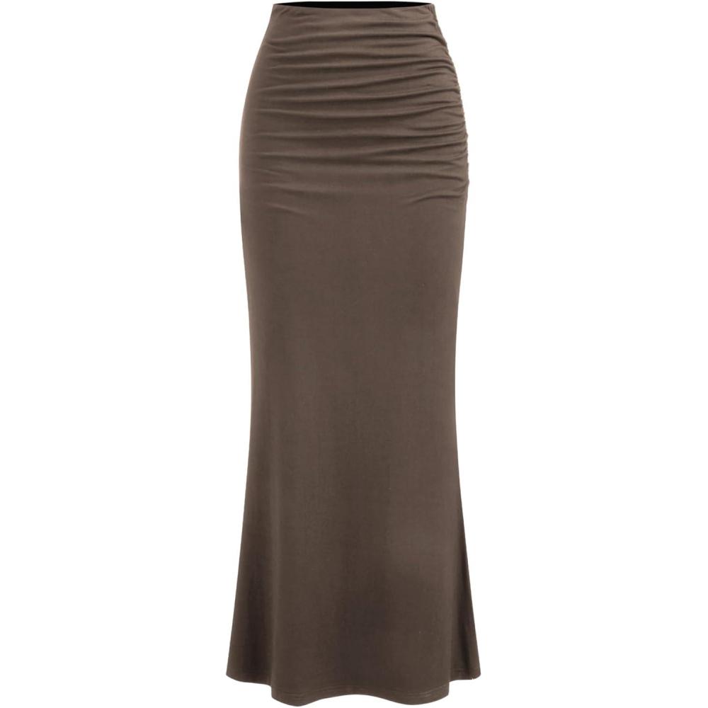 imageCIDER Mid Waist Skirts for Women Solid Ruched Bodycon Long Maxi Skirt Casual Fishtail Pencil SkirtBrown
