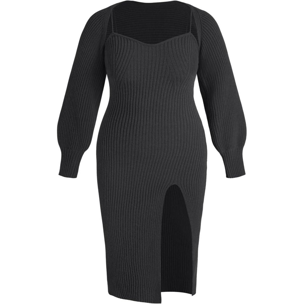 imageCIDER Plus Size 2 Piece Sweater Dresses for Women Long Sleeve Midi Dress Slit Winter Pullover Wedding Guest OutfitsBlack