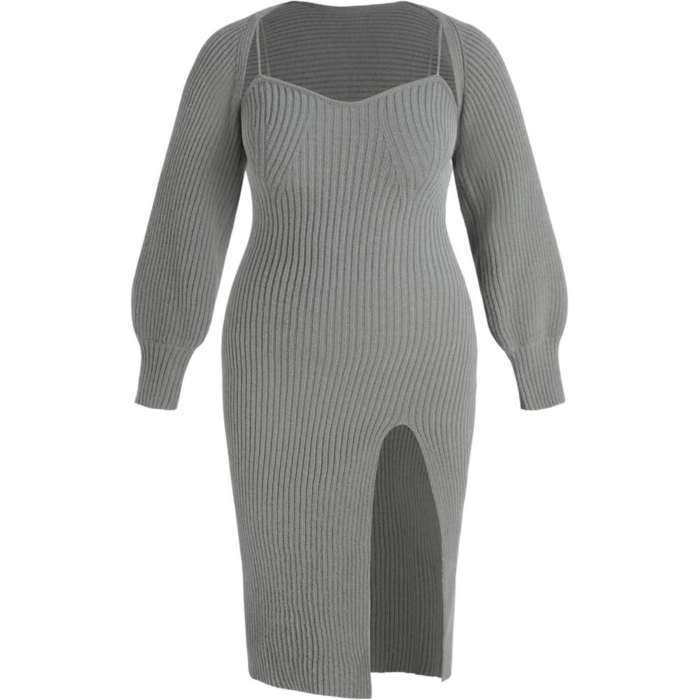 imageCIDER Plus Size 2 Piece Sweater Dresses for Women Long Sleeve Midi Dress Slit Winter Pullover Wedding Guest OutfitsGrey