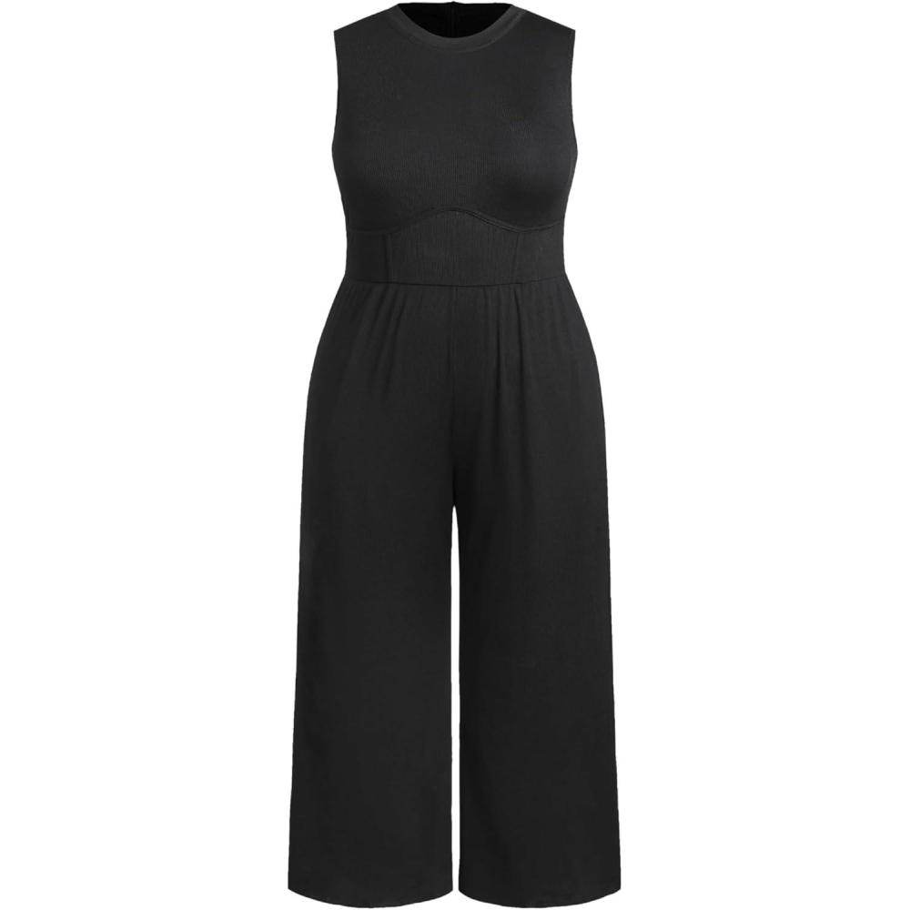 imageCIDER Plus Size Jumpsuits For Curvy Women Crew Neck Sleeveless Elegant Wide Leg Jumpsuits Dressy Casual Summer OutfitsBlack