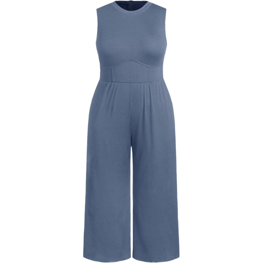 imageCIDER Plus Size Jumpsuits For Curvy Women Crew Neck Sleeveless Elegant Wide Leg Jumpsuits Dressy Casual Summer OutfitsBlue