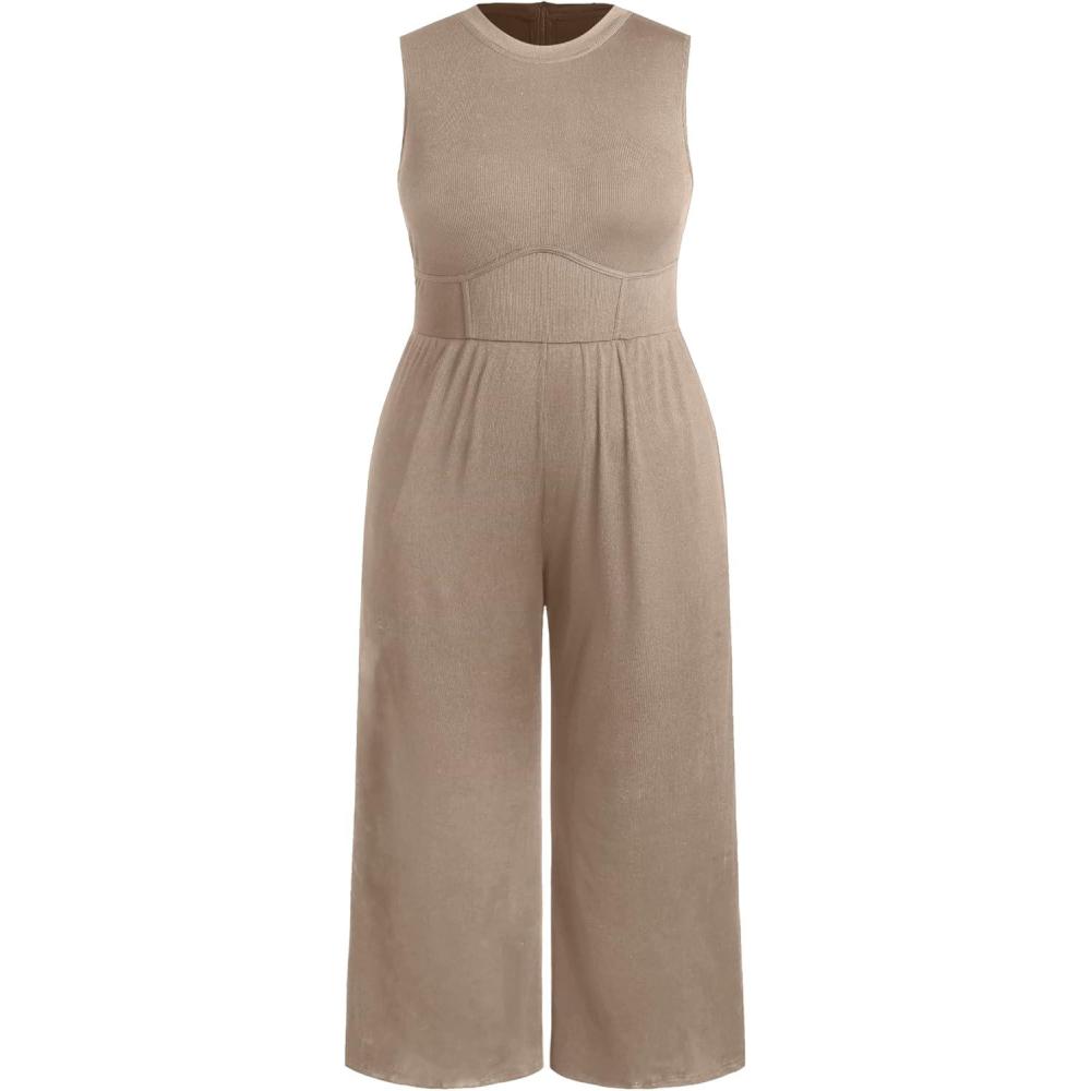 imageCIDER Plus Size Jumpsuits For Curvy Women Crew Neck Sleeveless Elegant Wide Leg Jumpsuits Dressy Casual Summer OutfitsKhaki