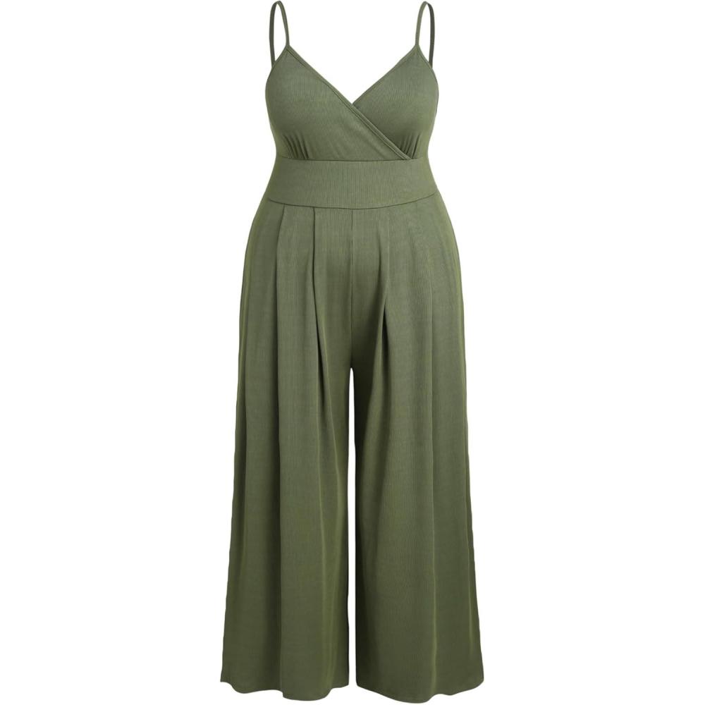 imageCIDER Plus Size Jumpsuits For Curvy Women V Neck Sleeveless Spaghettis Strap Wide Leg Overalls Casual Summer OutfitsOlive Green