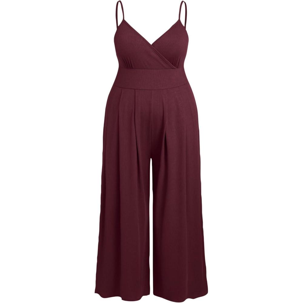 imageCIDER Plus Size Jumpsuits For Curvy Women V Neck Sleeveless Spaghettis Strap Wide Leg Overalls Casual Summer OutfitsWine