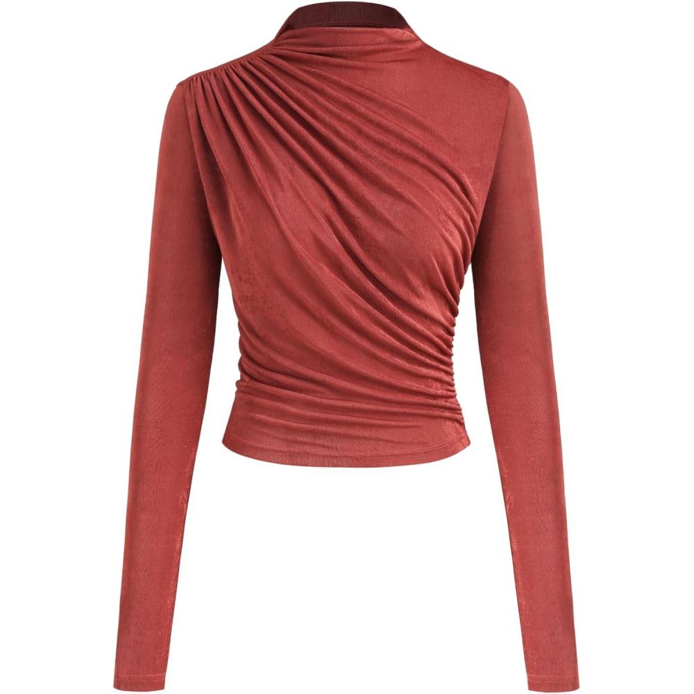 imageCIDER Stand Collar Ruched Long Sleeve TeeCarmine