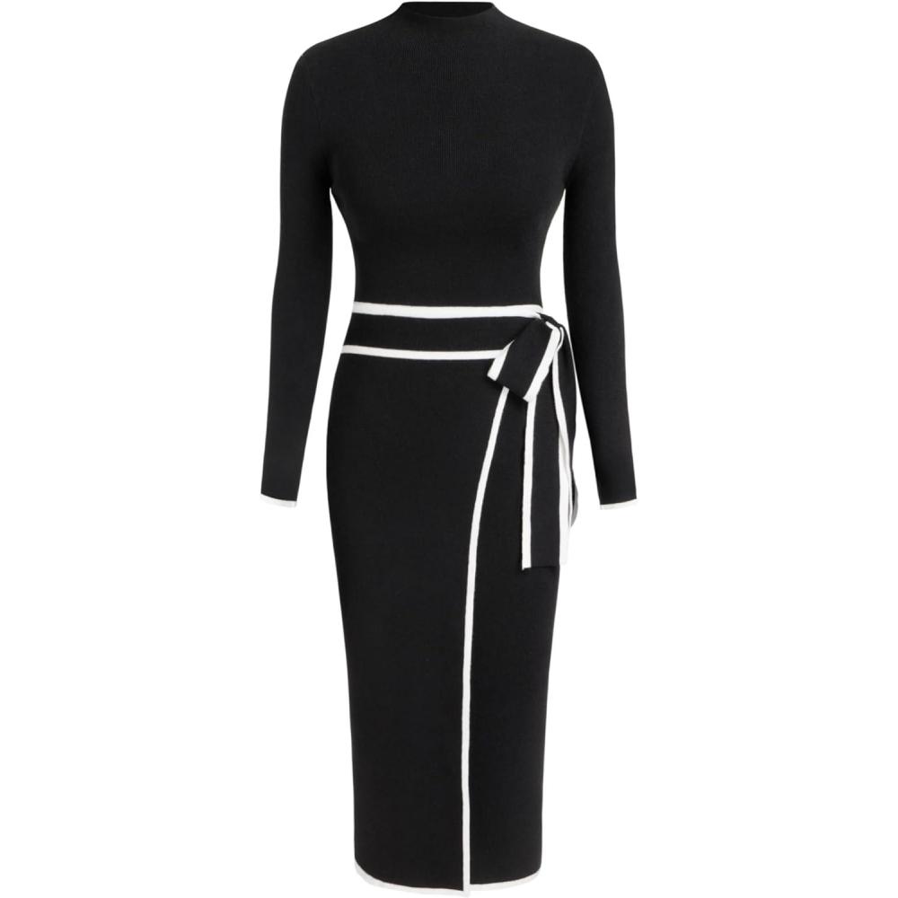 imageCIDER Sweater Dress for Women Long Sleeve Dress Mock Turtleneck Bow Tie Midi Work Dresses Old Money Dresses Fall WinterBlack