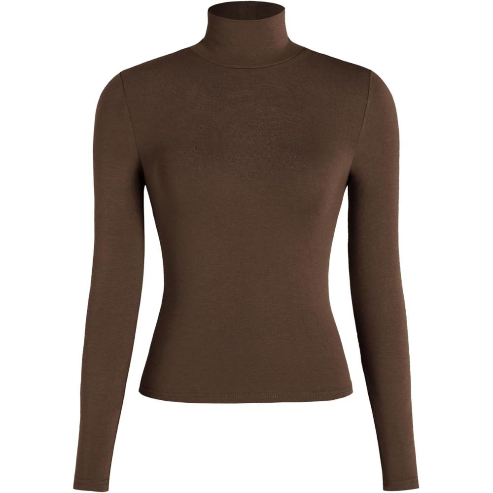 imageCIDER Turtle Necks Tops for Women Long Sleeve Shirts Mock Neck Solid Basic Tee Slim Fit Soft Base Layer Fall TopsCoffee