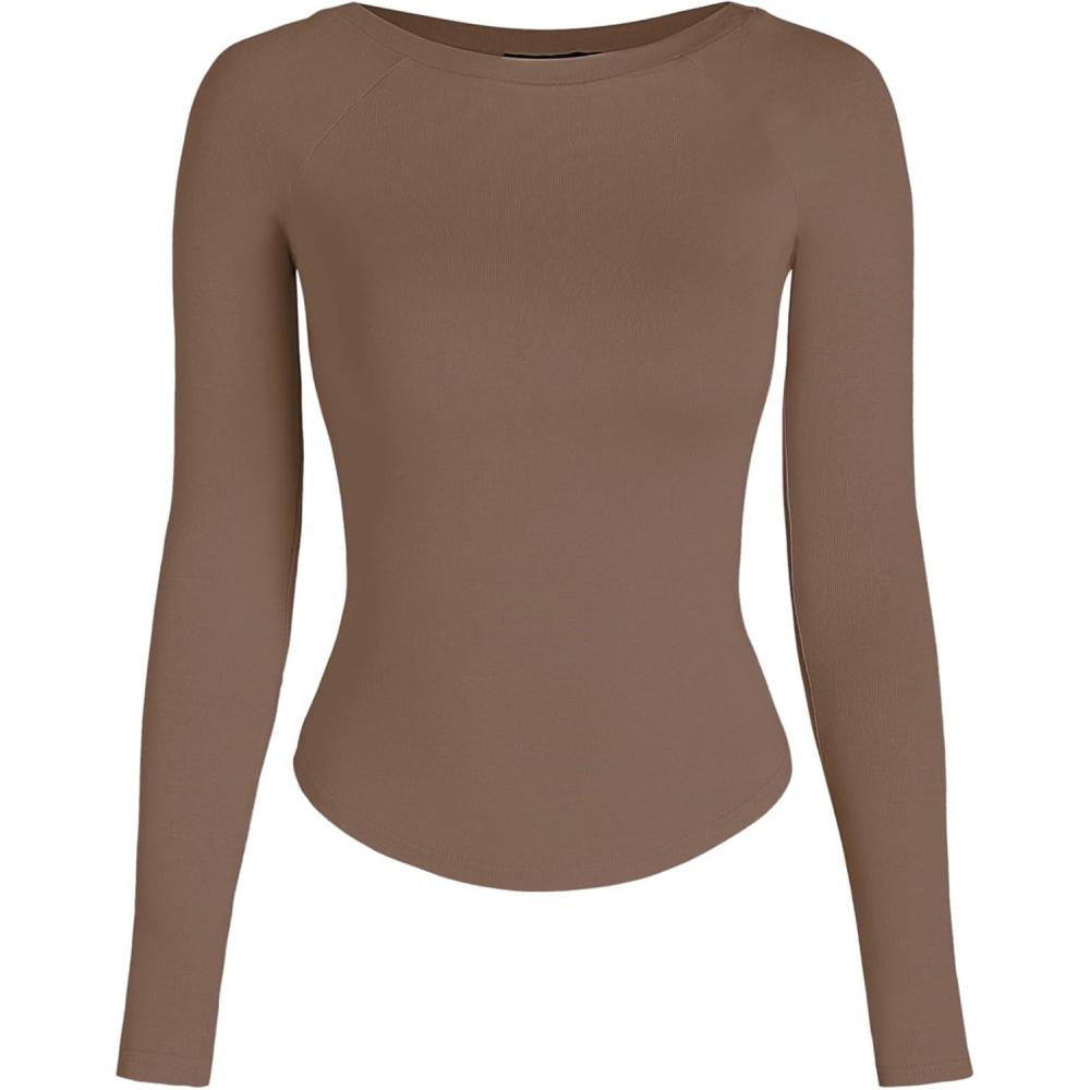 imageCIDER Women Long Sleeve Crop Top Boat Neck Slim Fit Tight Basic Tee Shirts 2025Camel