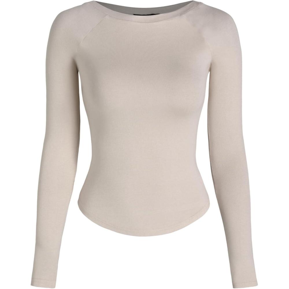 imageCIDER Women Long Sleeve Crop Top Boat Neck Slim Fit Tight Basic Tee Shirts 2025Champagne