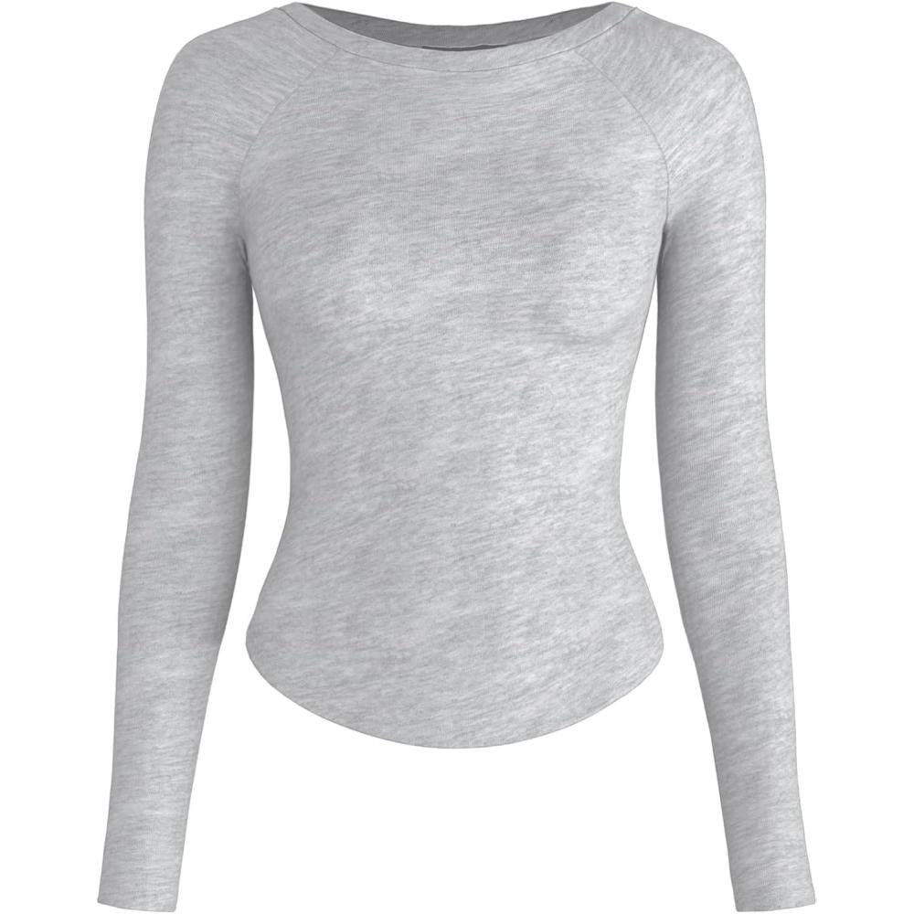 imageCIDER Women Long Sleeve Crop Top Boat Neck Slim Fit Tight Basic Tee Shirts 2025Grey