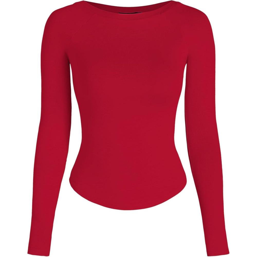 imageCIDER Women Long Sleeve Crop Top Boat Neck Slim Fit Tight Basic Tee Shirts 2025Red