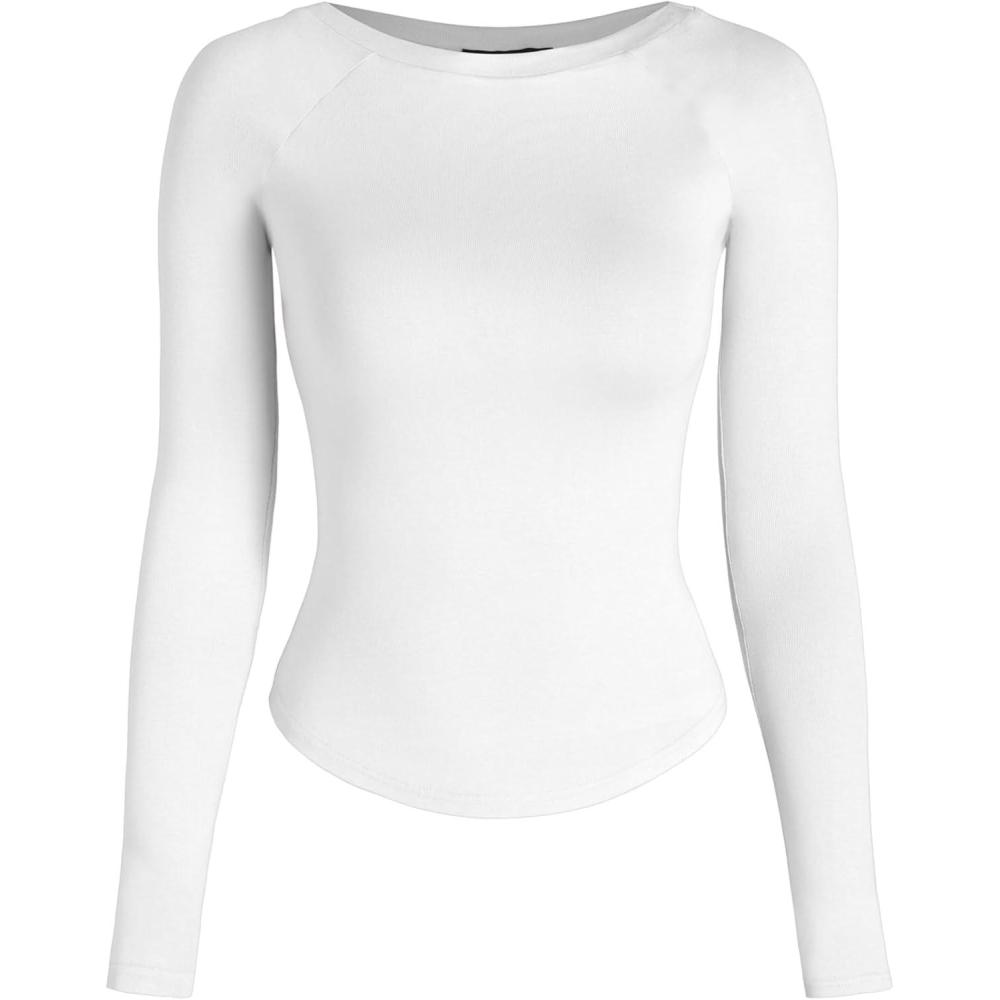imageCIDER Women Long Sleeve Crop Top Boat Neck Slim Fit Tight Basic Tee Shirts 2025White