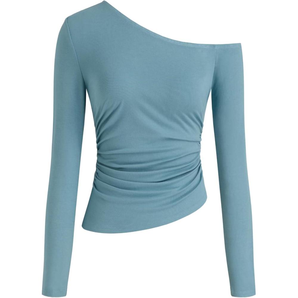 imageCIDER Womens Asymmetrical Neck Off The Shoulder Tops Ruched Long Sleeve Going Out TopsMid Blue