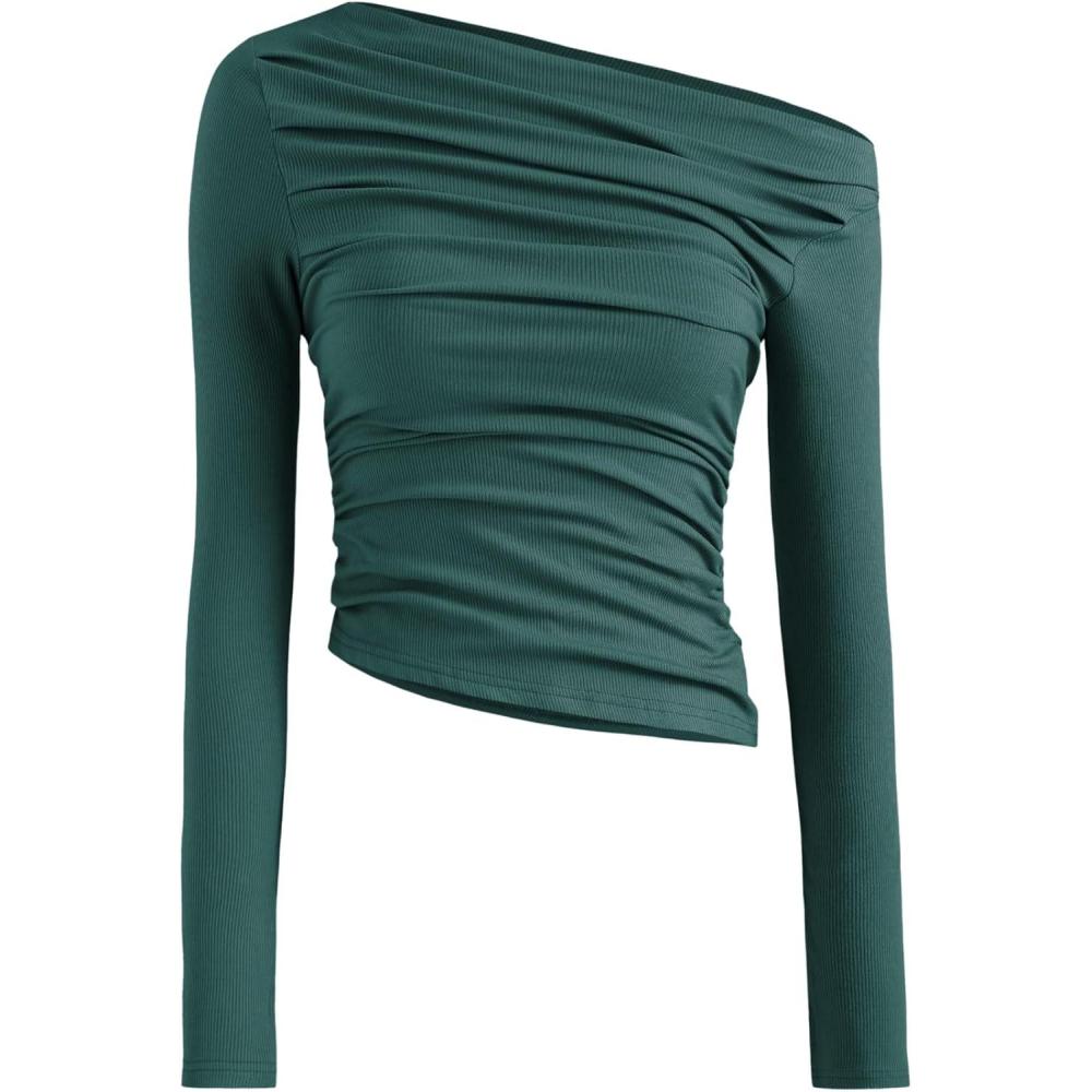 imageCIDER Womens Asymmetrical Top Off The Shouler Long Sleeve Shirts Ruched Going Out Crop TopsGreen