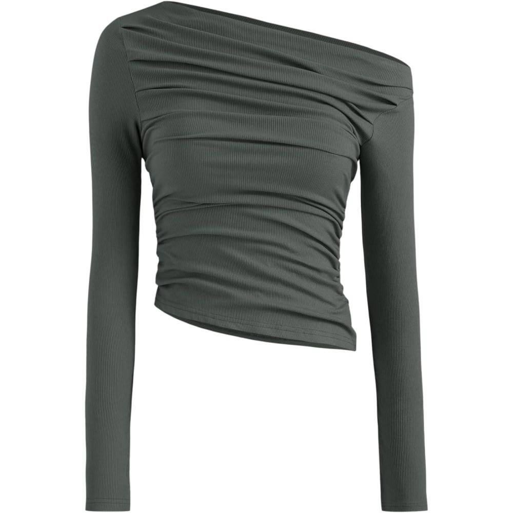 imageCIDER Womens Asymmetrical Top Off The Shouler Long Sleeve Shirts Ruched Going Out Crop TopsGrey