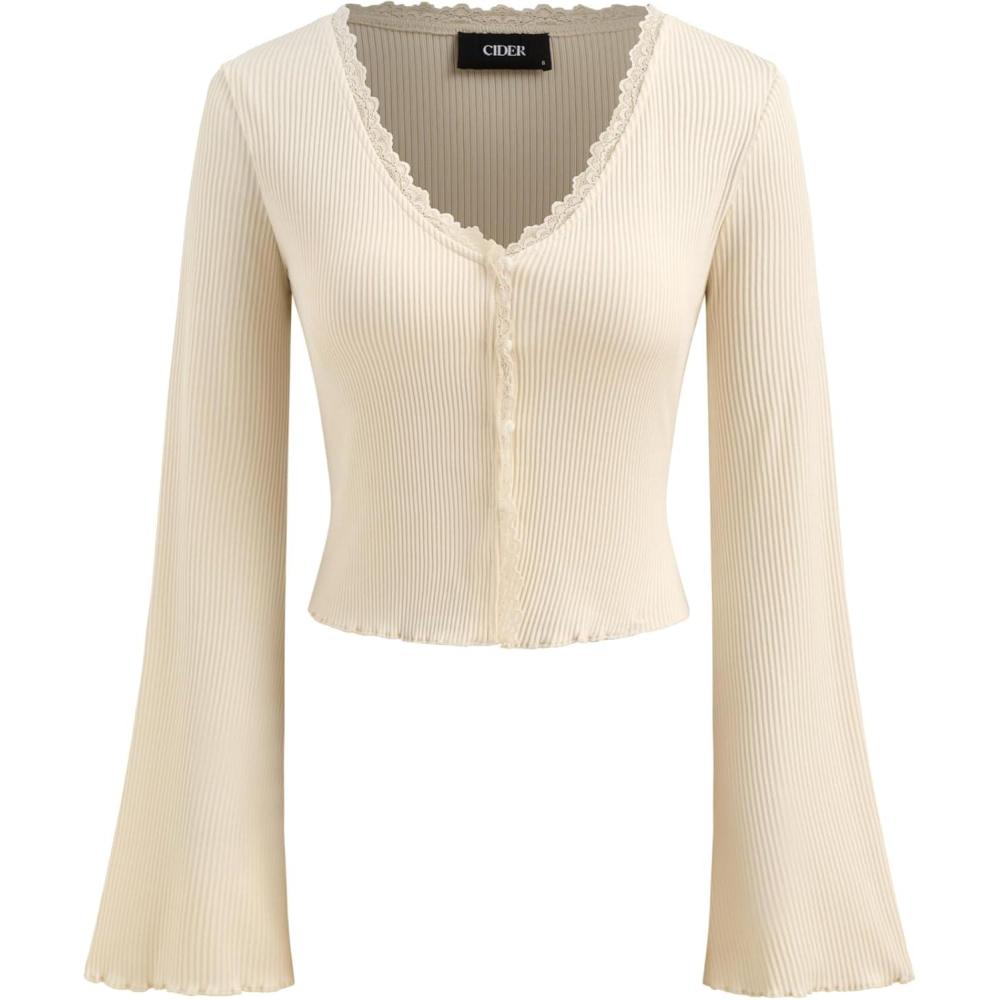 imageCIDER Womens Bell Sleeve Tops V Neck Lace Trim Crop TopCream