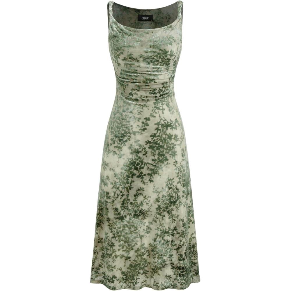imageCIDER Womens Dresses Floral Dress Sleeveless Scoop Neck Ruched Midi DressGreen