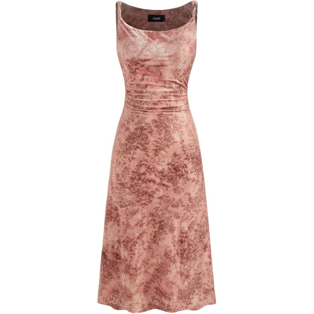 imageCIDER Womens Dresses Floral Dress Sleeveless Scoop Neck Ruched Midi DressPink