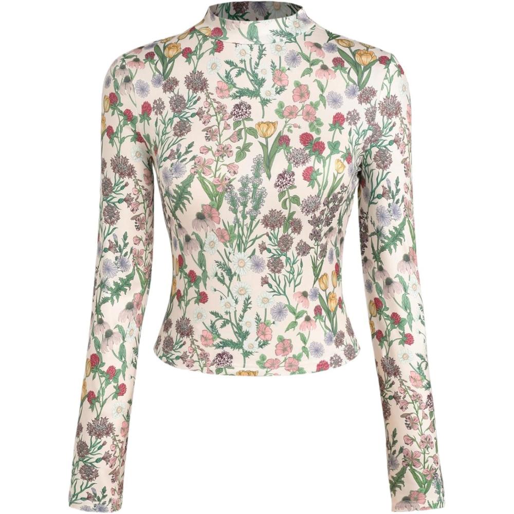 imageCIDER Womens Floral Knitted Long Sleeve Mock Neck Going Out Slim Fit Tops Fall Outfits Trendy ClothesMulticolor