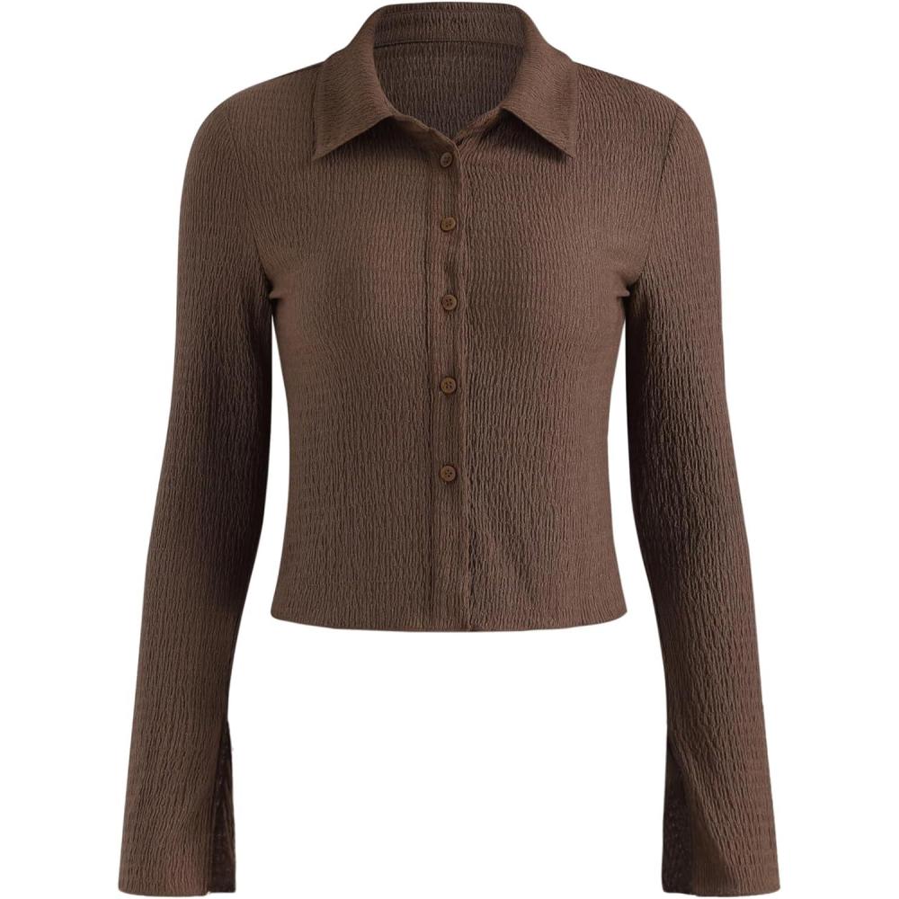 imageCIDER Womens Long Sleeve Shirts Bell Sleeve Button Down Casual Blouse Business Casual Office OutfitBrown
