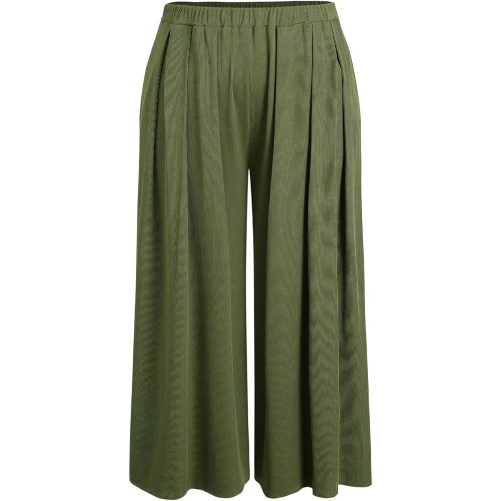 imageCIDER Womens Plus Size Fashion Wide Leg Pants Palazzo Flowy Elastic Waist Pants with PocketsGreen