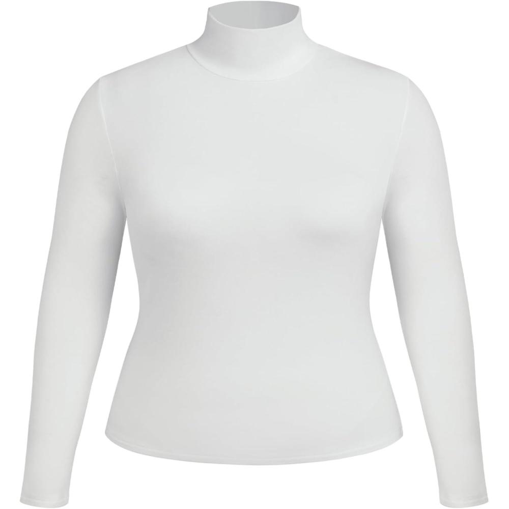imageCIDER Womens Plus Size Mock Turtleneck Tops Long Sleeve Slim Fit Curve Fall Essentials T ShirtsWhite