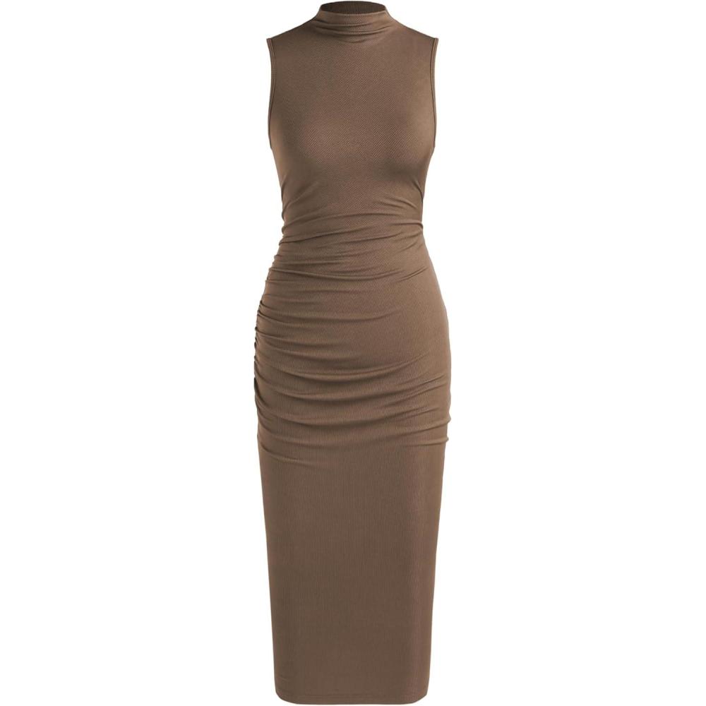 imageCIDER Work Dresses for Women High Neck Sleeveless Bodycon Ruched Cocktail Party Midi DressesBrown
