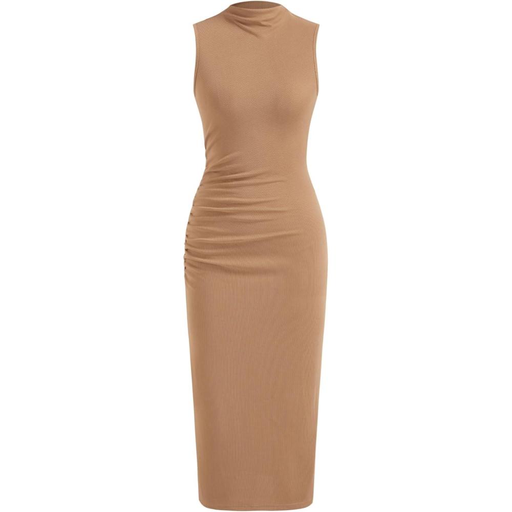 imageCIDER Work Dresses for Women High Neck Sleeveless Bodycon Ruched Cocktail Party Midi DressesCamel