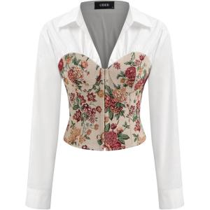 CIDER 100% Cotton V-Neck Collar Floral Patched Corset Long Sleeve Blouse(White)