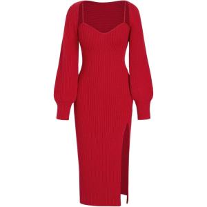 CIDER 2 Piece Sweater Dresses for Women Winter Slit Long Sleeve Womens Midi Dress Pullover Bodycon Wedding Guest Outfits(Red)