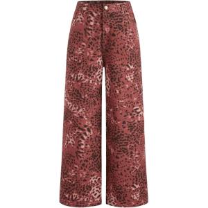 CIDER Denim Mid Waist Leopard Wide Leg Pants(Wine)