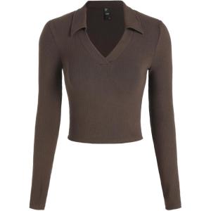 CIDER Fitted Long Sleeve Shirts for Women – V Neck Polo Shirts Business Casual Collared Work Tops Fitted Spring Fall Shirt(Brown)