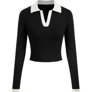 CIDER Fitted Long Sleeve Shirts for Women – V Neck Polo Shirts Business Casual Collared Work Tops Fitted Spring Fall Shirt(Color Block-black)
