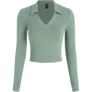 CIDER Fitted Long Sleeve Shirts for Women – V Neck Polo Shirts Business Casual Collared Work Tops Fitted Spring Fall Shirt(Pale Green)