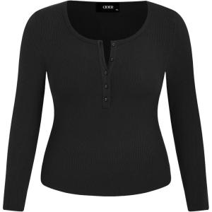 CIDER Henley Shirts for Women Long Sleeve Slim Fitted Basic Business Casual Tops for Women Button Ribbed Knit Base Layer(Black Plus Size)
