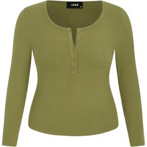 CIDER Henley Shirts for Women Long Sleeve Slim Fitted Basic Business Casual Tops for Women Button Ribbed Knit Base Layer(Green Plus Size)