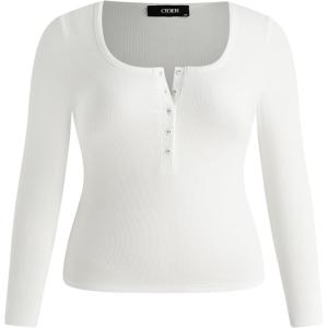 CIDER Henley Shirts for Women Long Sleeve Slim Fitted Basic Business Casual Tops for Women Button Ribbed Knit Base Layer(White Plus Size)